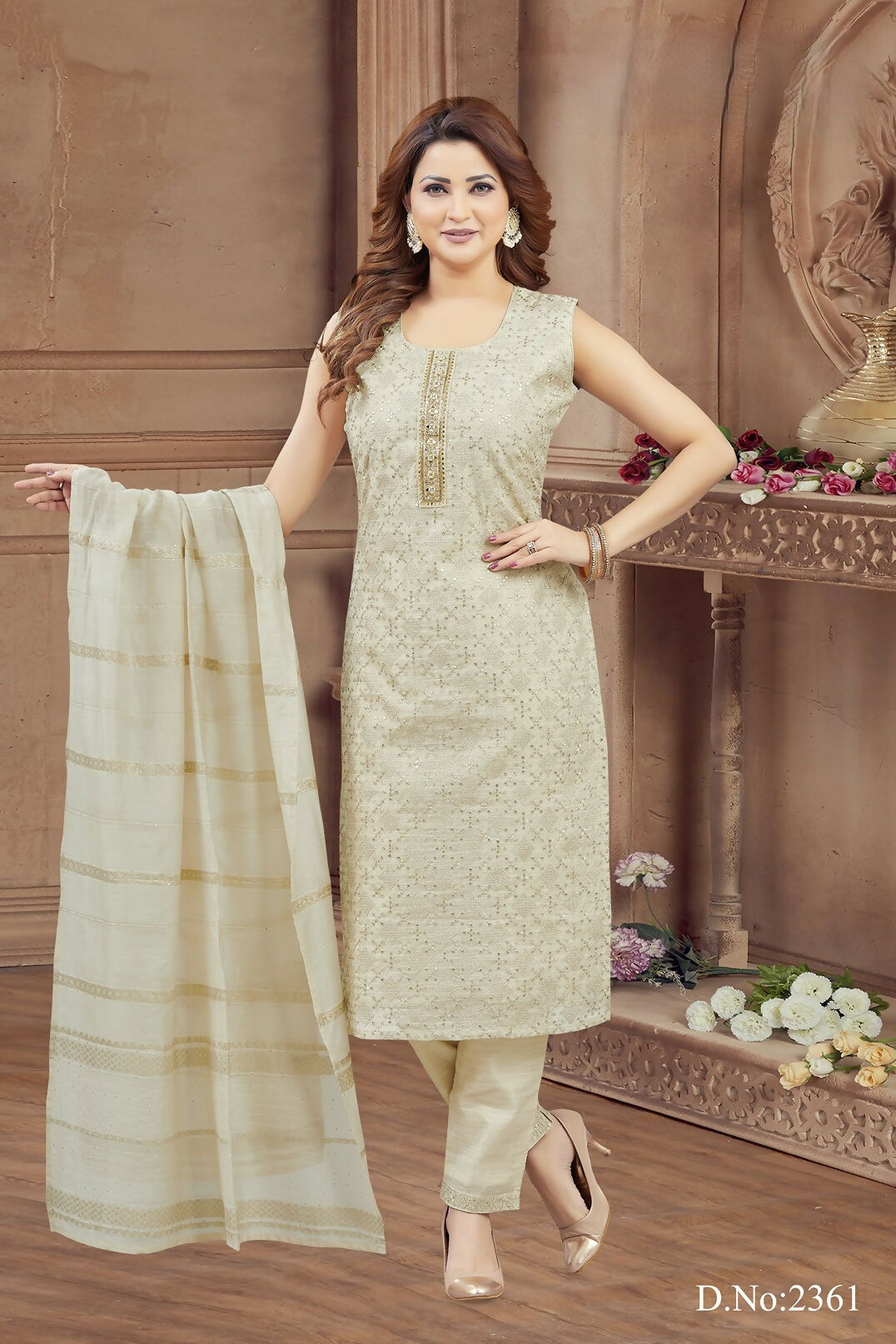 Joban Fashion Women Tissue Cream Round Neck Emroidery Kurta Set | Grocsy