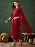 Sangria Embroidered A-Line Kurta & Trousers With Dupatta | Grocsy