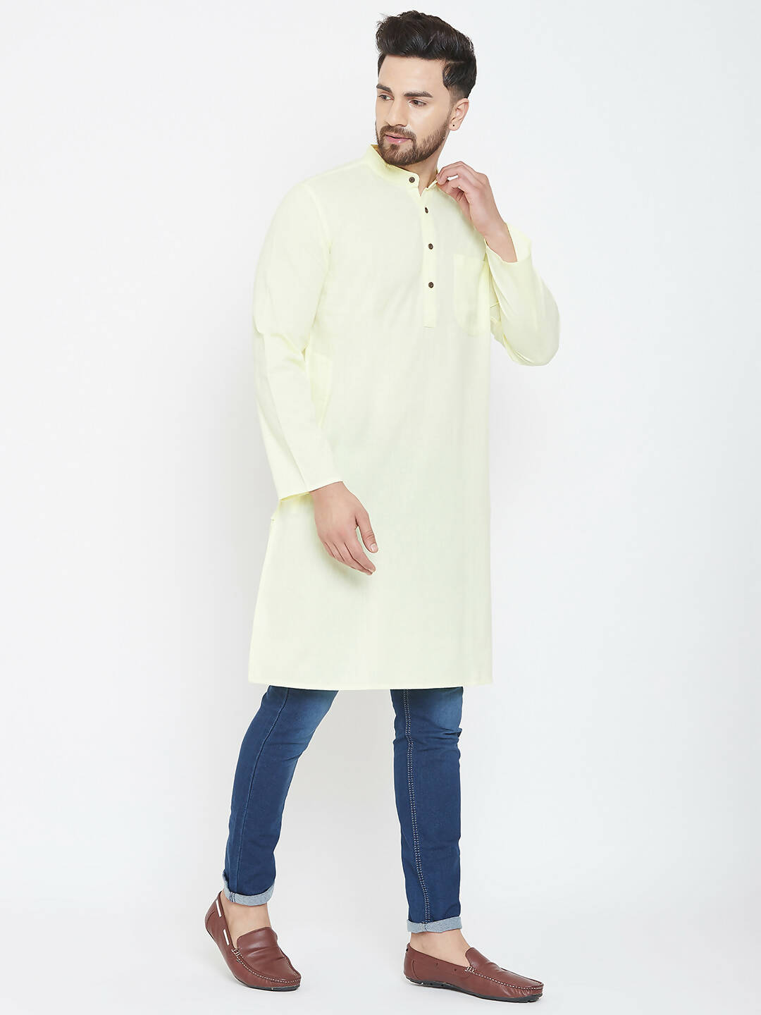 Even Apparels Yellow Color Men's Pure Cotton Kurta With Band Collar | Grocsy