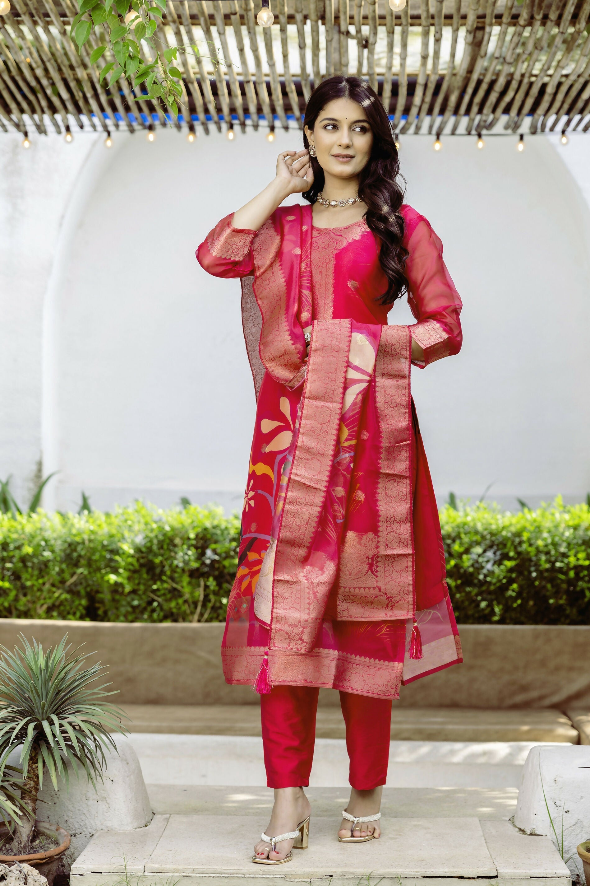 The52 Women's Beautiful Printed Work Jacquard Organza Fabric Straight Kurta Pant and Dupatta Set | Grocsy
