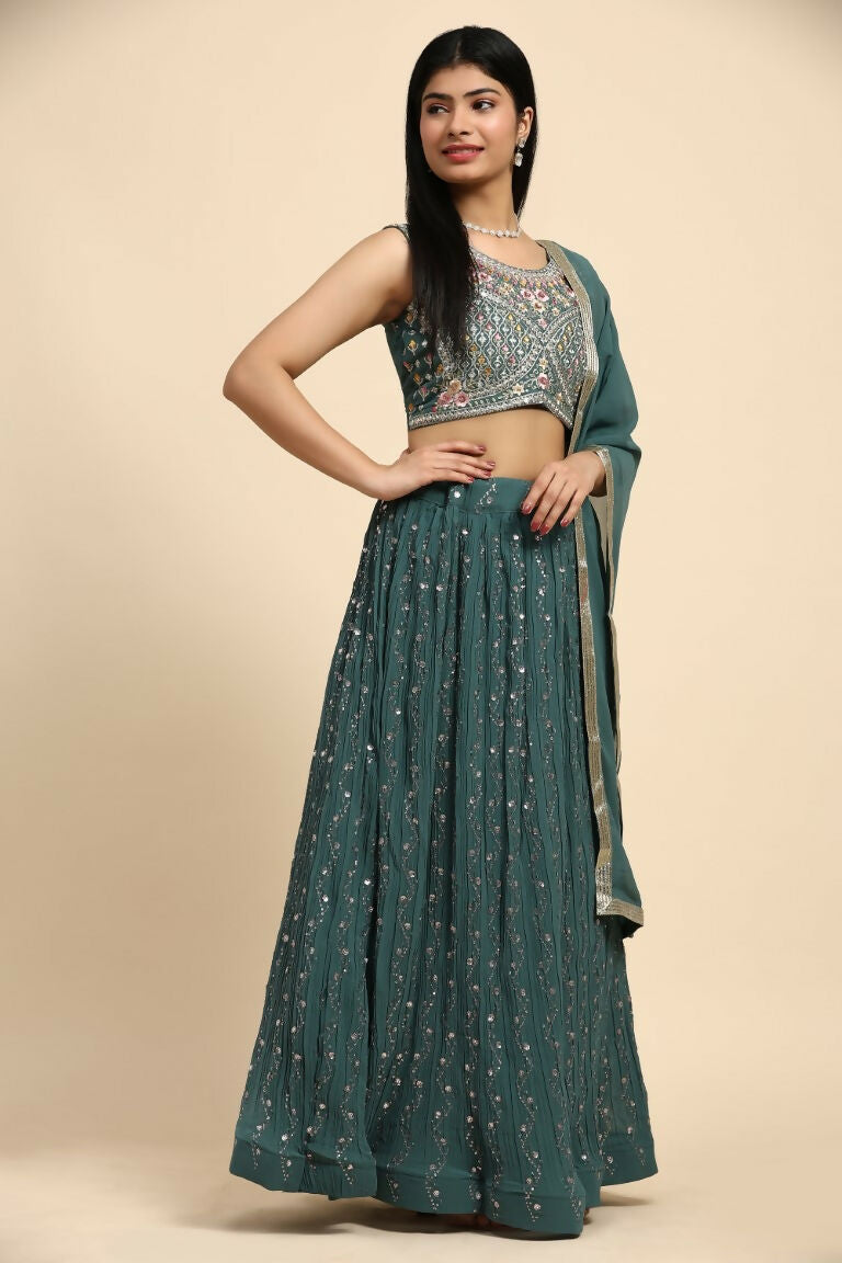 Green Georgette Embroidered Lehenga choli with Dupatta - Dhara | Grocsy