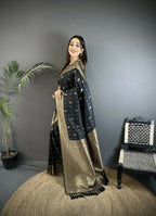 Joban Fashion Black Zari Weaving Motif Lichi Silk Banarasi Silk Saree | Grocsy