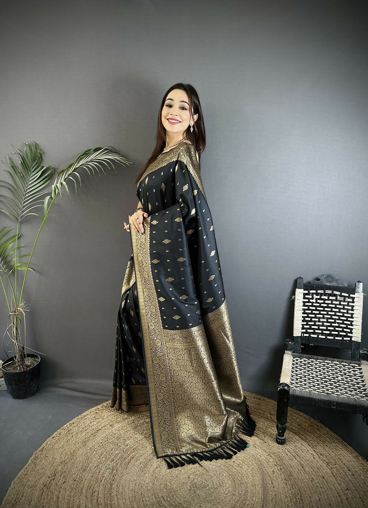Joban Fashion Black Zari Weaving Motif Lichi Silk Banarasi Silk Saree | Grocsy