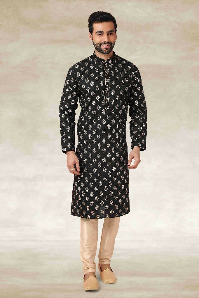 Raivat Ethnic Cotton Printed Work Kurta Pajama In Black Colour | Grocsy