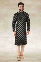 Raivat Ethnic Cotton Printed Work Kurta Pajama In Black Colour | Grocsy