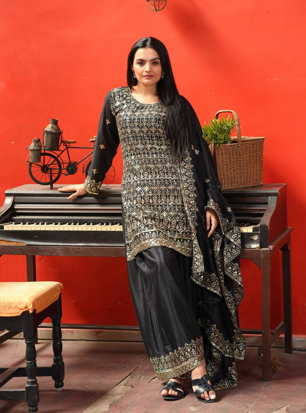 Lehenga Mart Designer Chinon Sharara Suit With Sequence Embroidered Work - Black | Grocsy