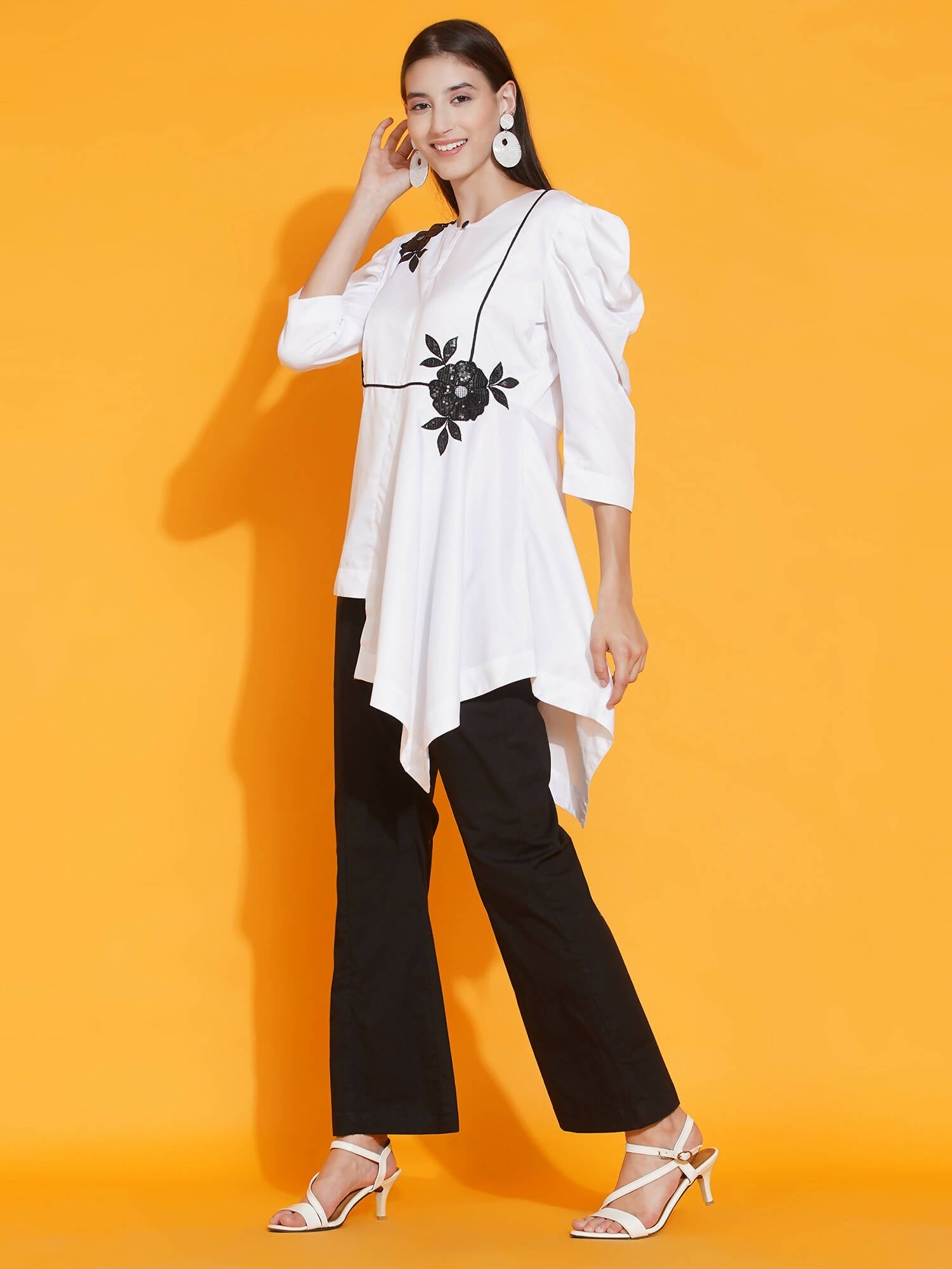 Women Republic White Shirt With Sequence Embroidery And Bellbotton Pants | Grocsy