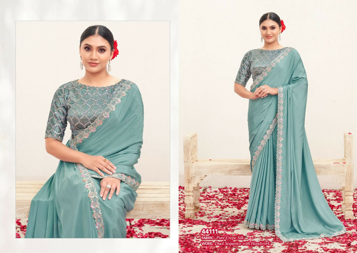 Firoji Pure Crepe Silk Handwork Saree with Unstitched Blouse - Norita Varya | Grocsy