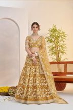 Aastha Fashion Light Golden Butterfly Net White Cotton Thread Work And Sequence Work Embroidery Wedding Wear Lehenga Choli | Grocsy