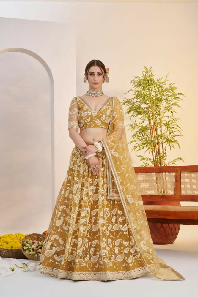 Aastha Fashion Light Golden Butterfly Net White Cotton Thread Work And Sequence Work Embroidery Wedding Wear Lehenga Choli | Grocsy