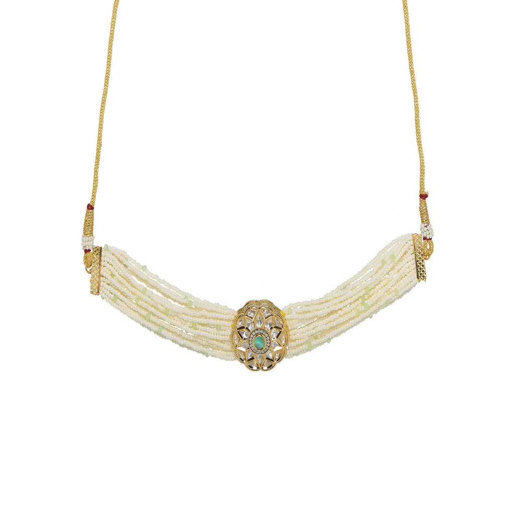 Pearl and Kundan Choker with Intricate Flower Design (White) - Ruby Raang | Grocsy