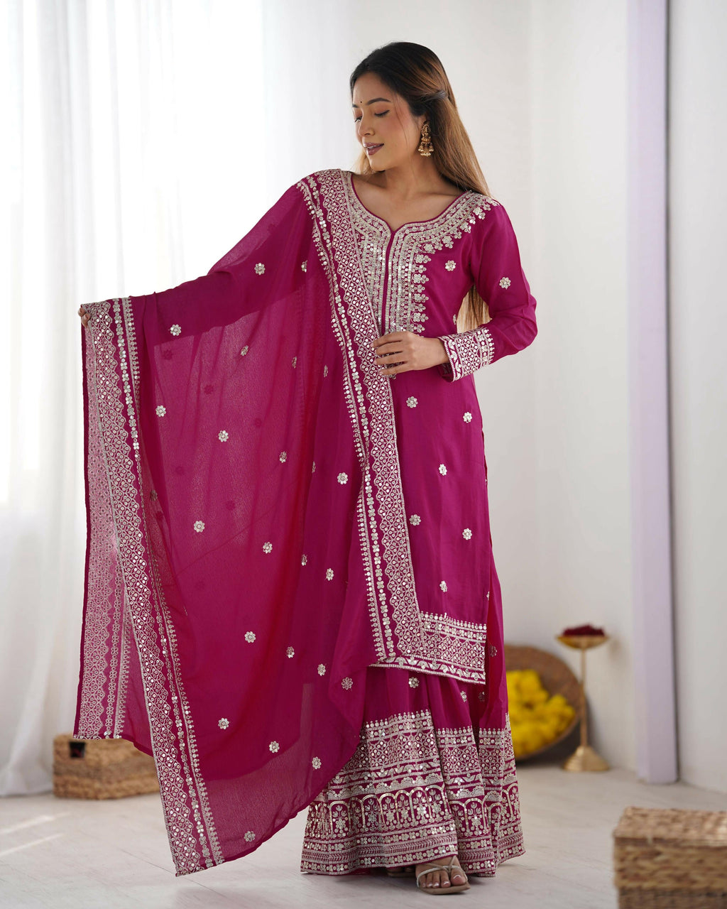 Joban Fashion Pink Kurta Set Silk Sequins , Zari, Coding & Thread Embroidered work | Grocsy