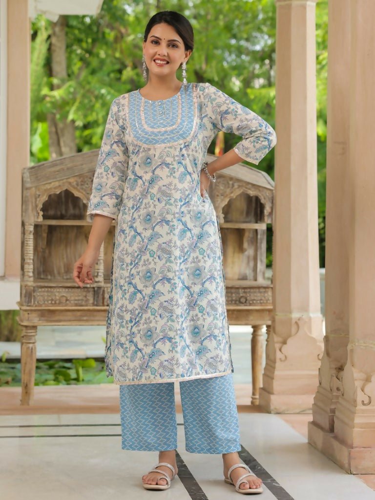 Aramya Straight Soft Cotton Floral Print Women's Kurta Set - Blue | Grocsy