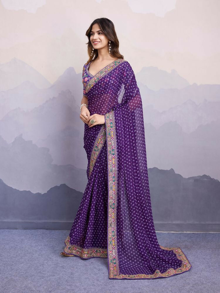 Purple Georgette Bandhani Printed,Embroidery Work Saree - Surkhi | Grocsy