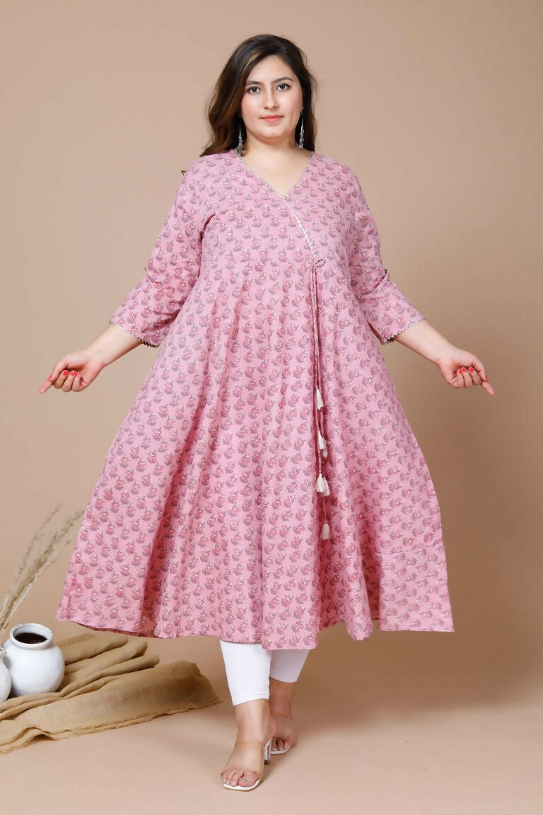 Miravan Women's Pink Plus Size Cotton Floral Print Long Anarkali Kurta | Grocsy