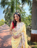 Vamsee Chinon Panchi Light Yellow Shimmer Saree | Grocsy