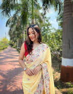 Vamsee Chinon Panchi Light Yellow Shimmer Saree | Grocsy
