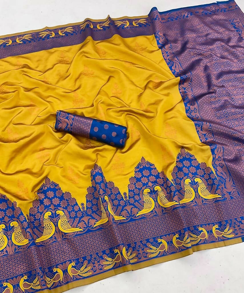 DEIANA'S Beautiful Designer Golden zari Soft Lichi Silk Saree - Yellow | Grocsy