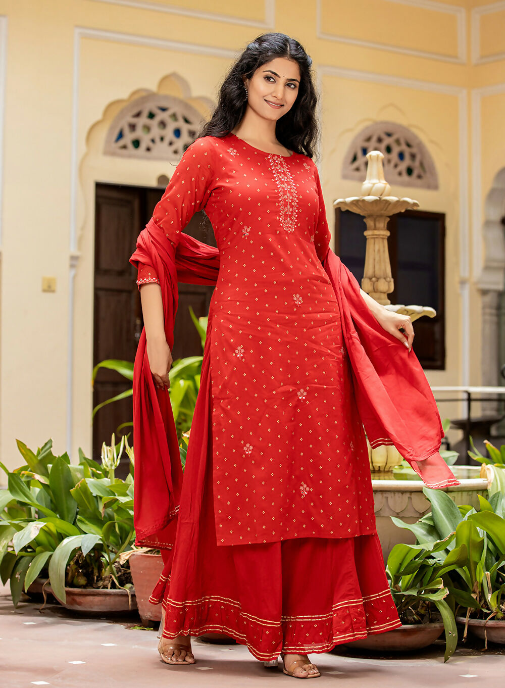 Kaajh Women's Red Gold Printed Cotton Kurta Sharara With Dupatta Set | Grocsy
