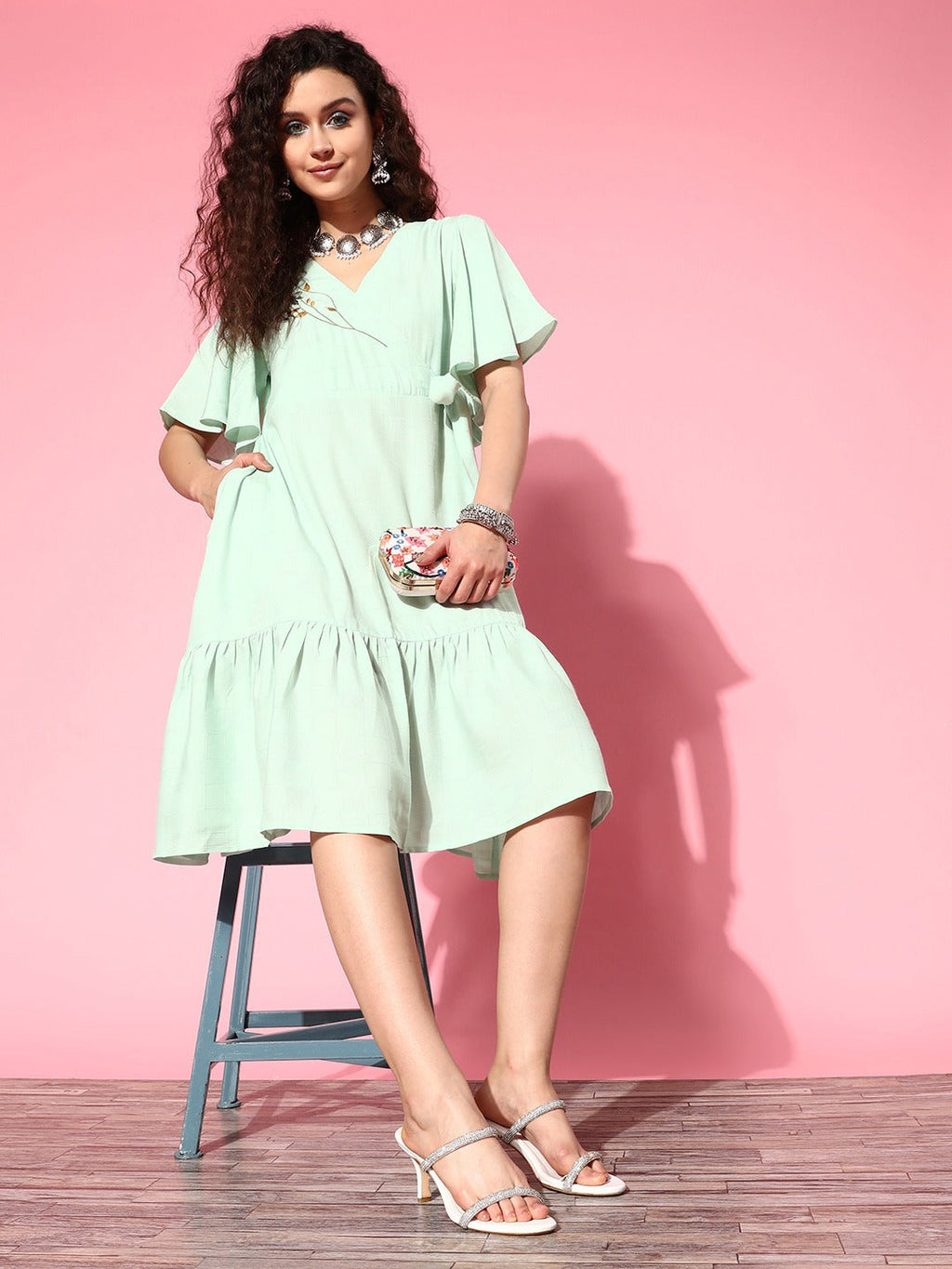 Yufta Embroidered Tiered Wrap Dress | Grocsy