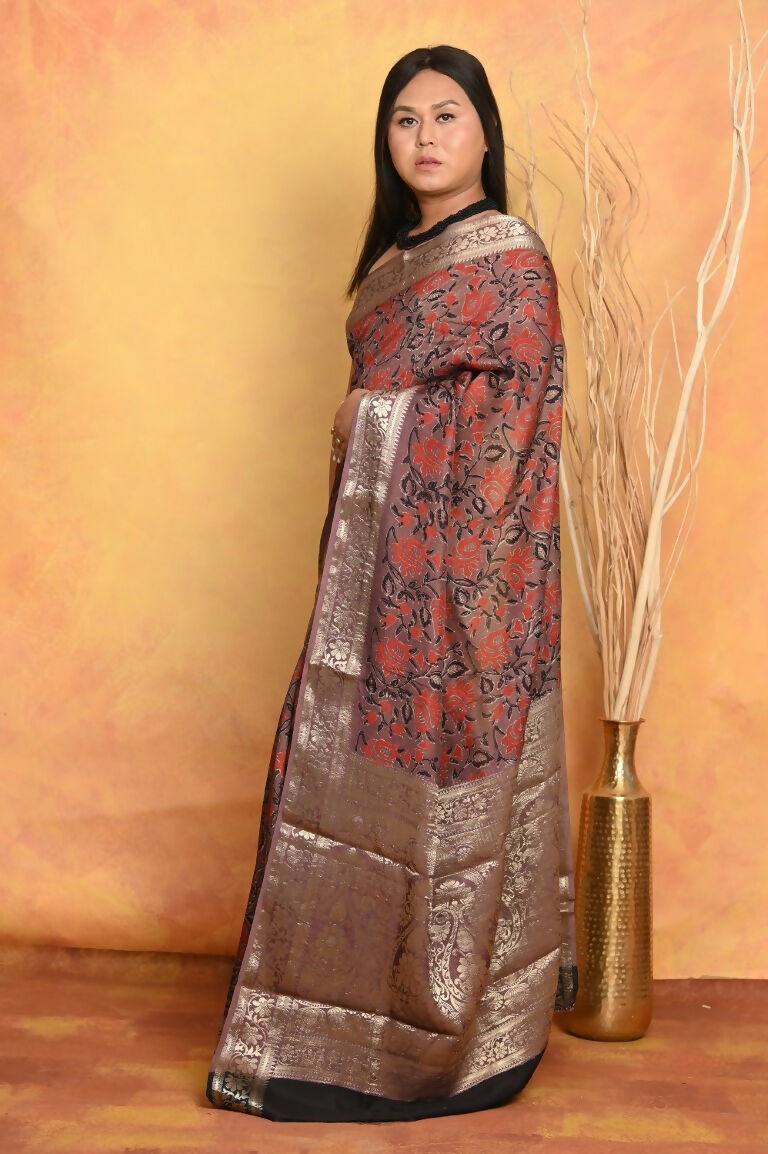 Very Much Indian Modal Silk Ajrakh Handblock Printed Natural Dyes With Designer Border Saree - Maroon | Grocsy
