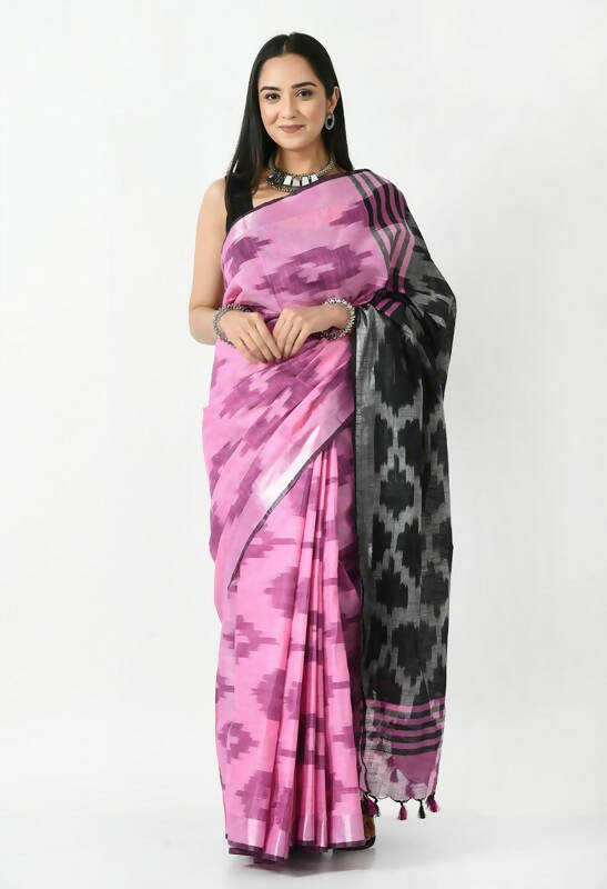 Mominos Fashion Moeza Pink & Black Bhagalpuri Handloom Ikat Pure Cotton Saree with unstitched Blouse piece | Grocsy