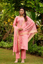 The52 Women's Beautiful Embroidery Work Roman Fabric Straight Kurta Pant and Dupatta Set | Grocsy