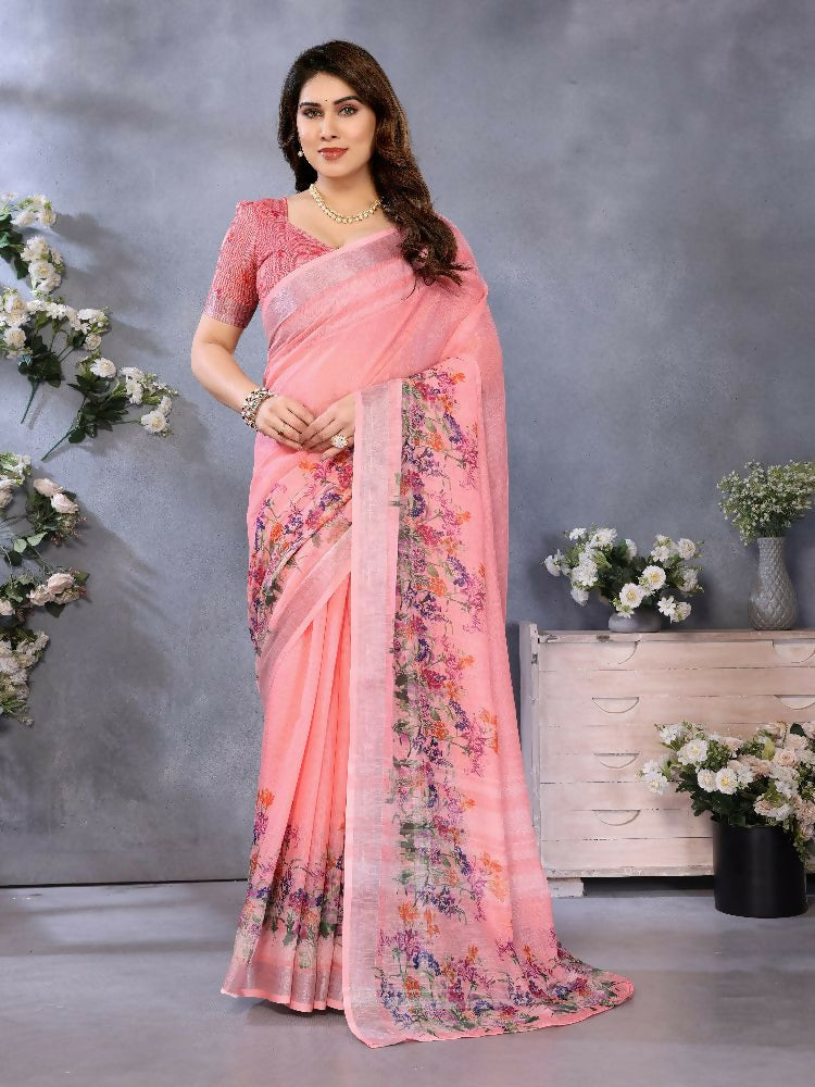 PR Fashion Peach Handloom Linen Cotton Saree | Grocsy