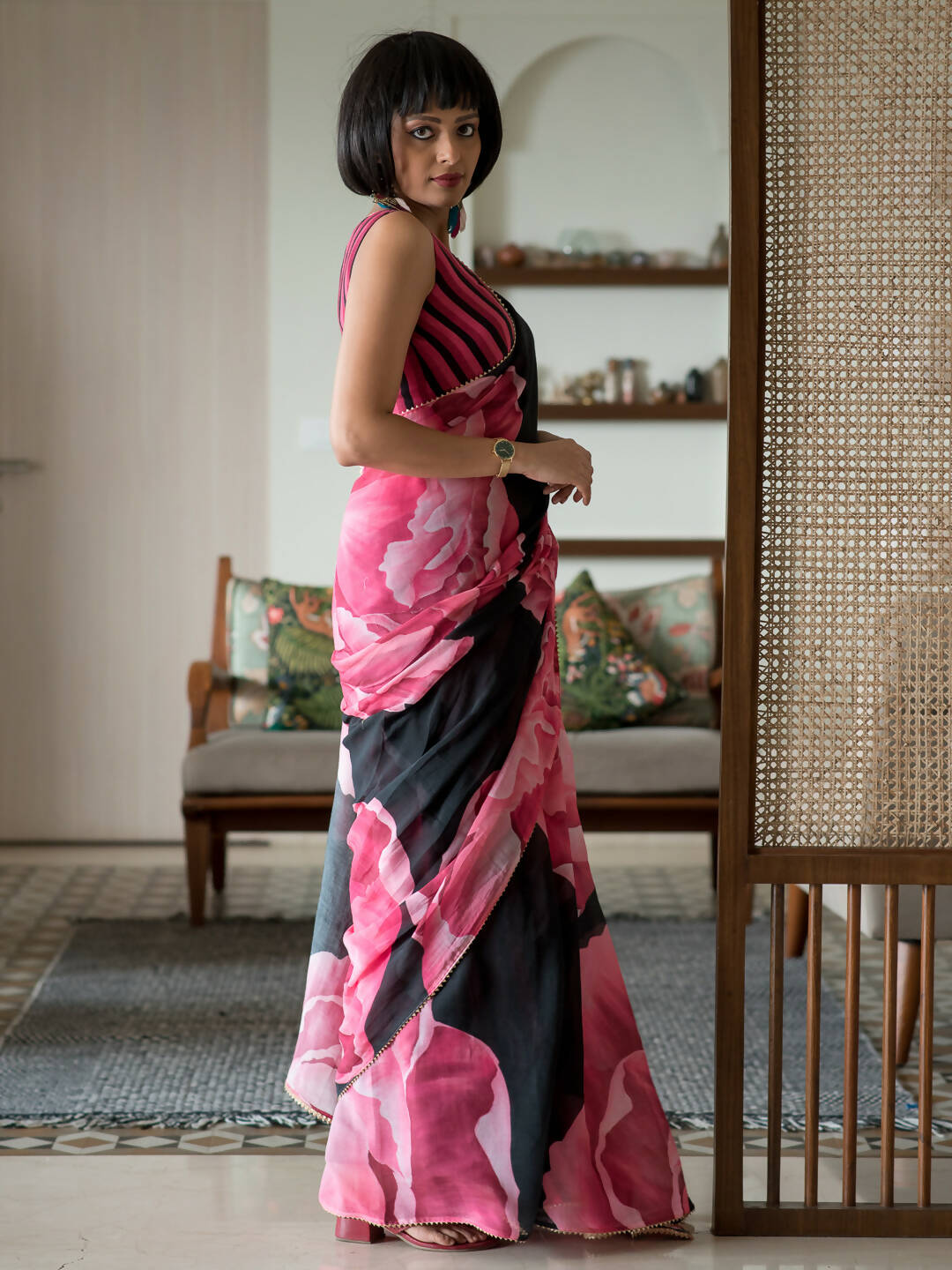 Suta Black Floral Pure Cotton Saree | Grocsy