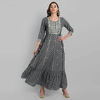 Juniper Grey Rayon Festive Wear Embroidered Tiered Long Dress | Grocsy