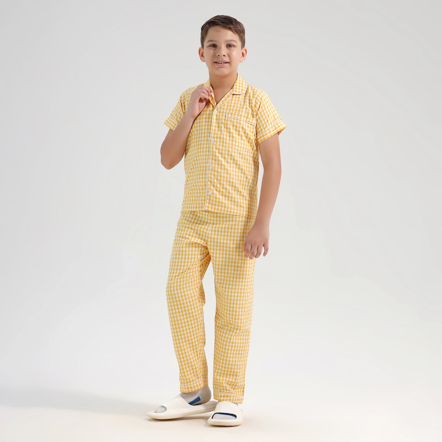 Chilins Kids Cotton Blend Night Suit| Sleepwear | Checked Design | Yellow | Grocsy