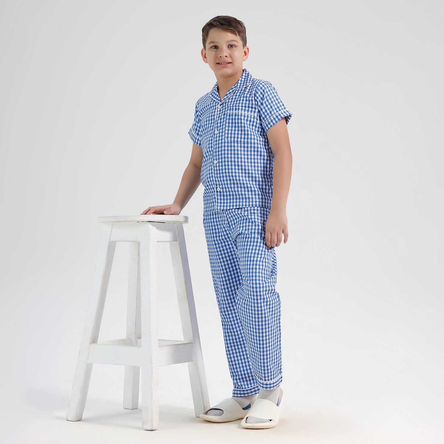 Chilins Kids Cotton Blend Night Suit| Sleepwear | Checked Design | Blue | Grocsy