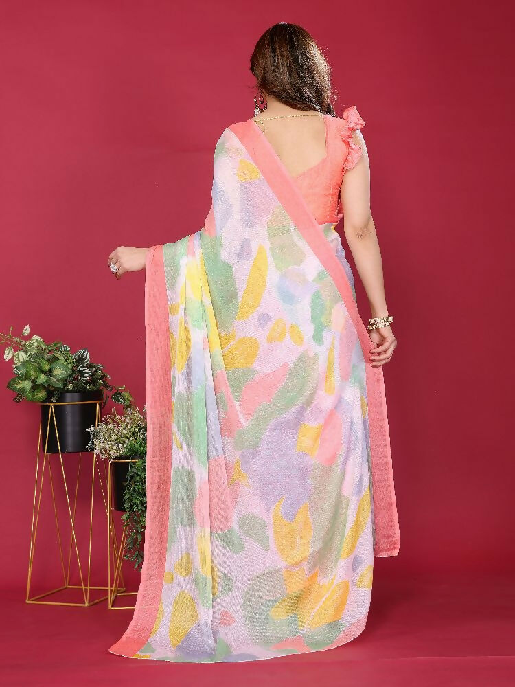 PR Fashion Peach Moss Chiffon Printed Saree | Grocsy