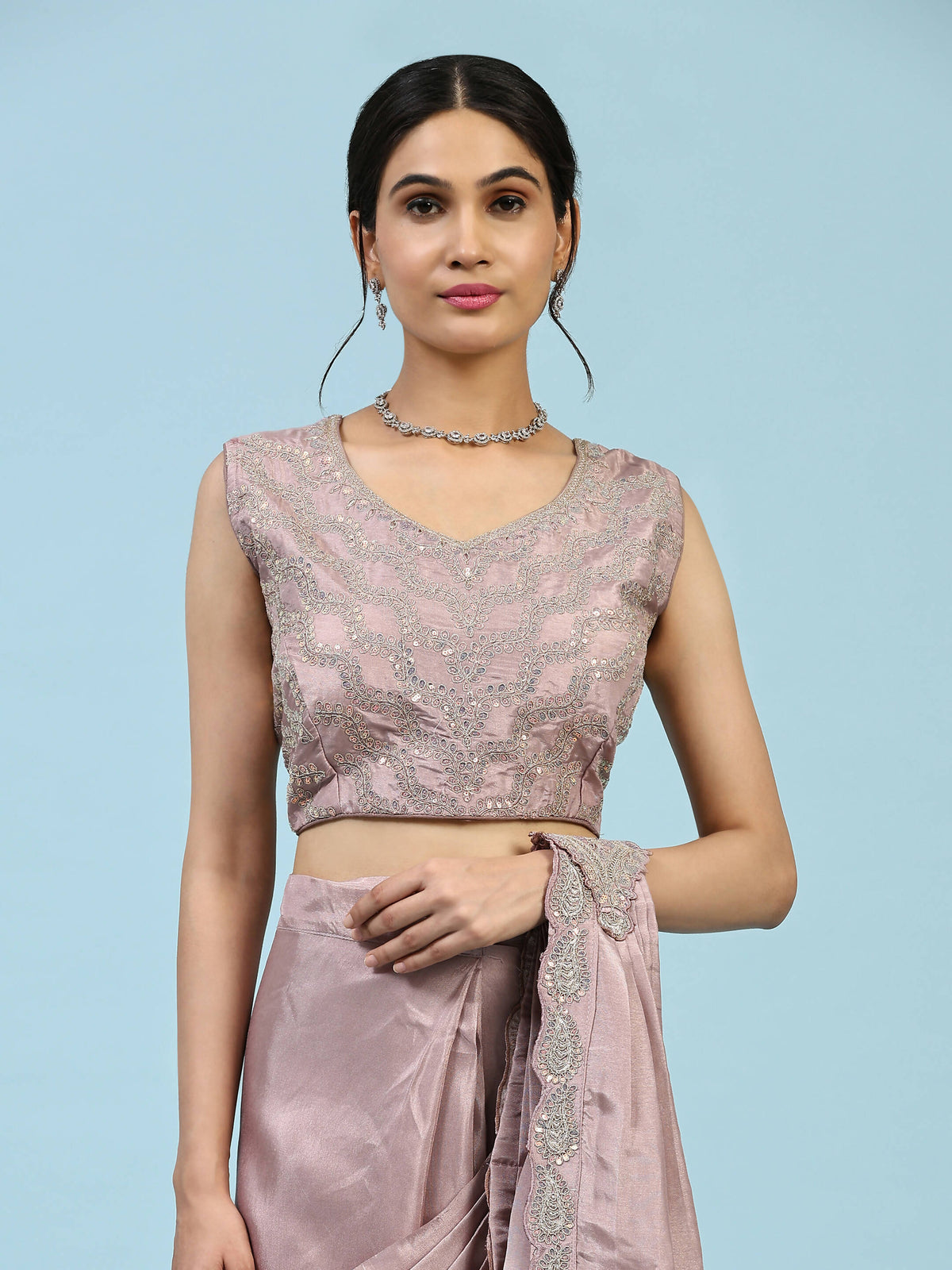 Lavendar Silk Satin Plain Ready to wear Saree with stitched Blouse - Vrinda | Grocsy