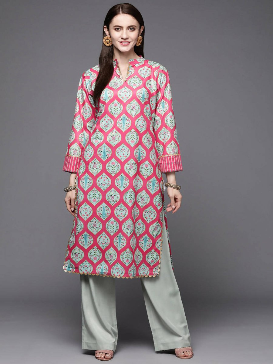 Ahalyaa Women Pink & Sea Green Floral Printed Gotta Patti Velvet Kurta | Grocsy