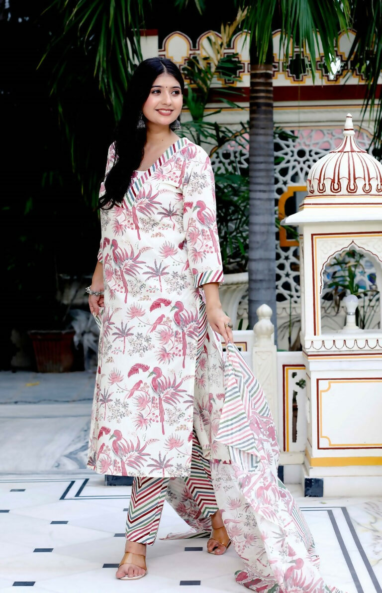 Miravan Women's Cotton Light Pink Scenic Birds And Leaf Straight Pakistani Style Suit Set | Grocsy
