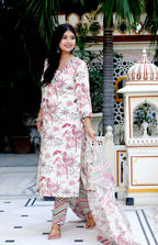 Miravan Women's Cotton Light Pink Scenic Birds And Leaf Straight Pakistani Style Suit Set | Grocsy