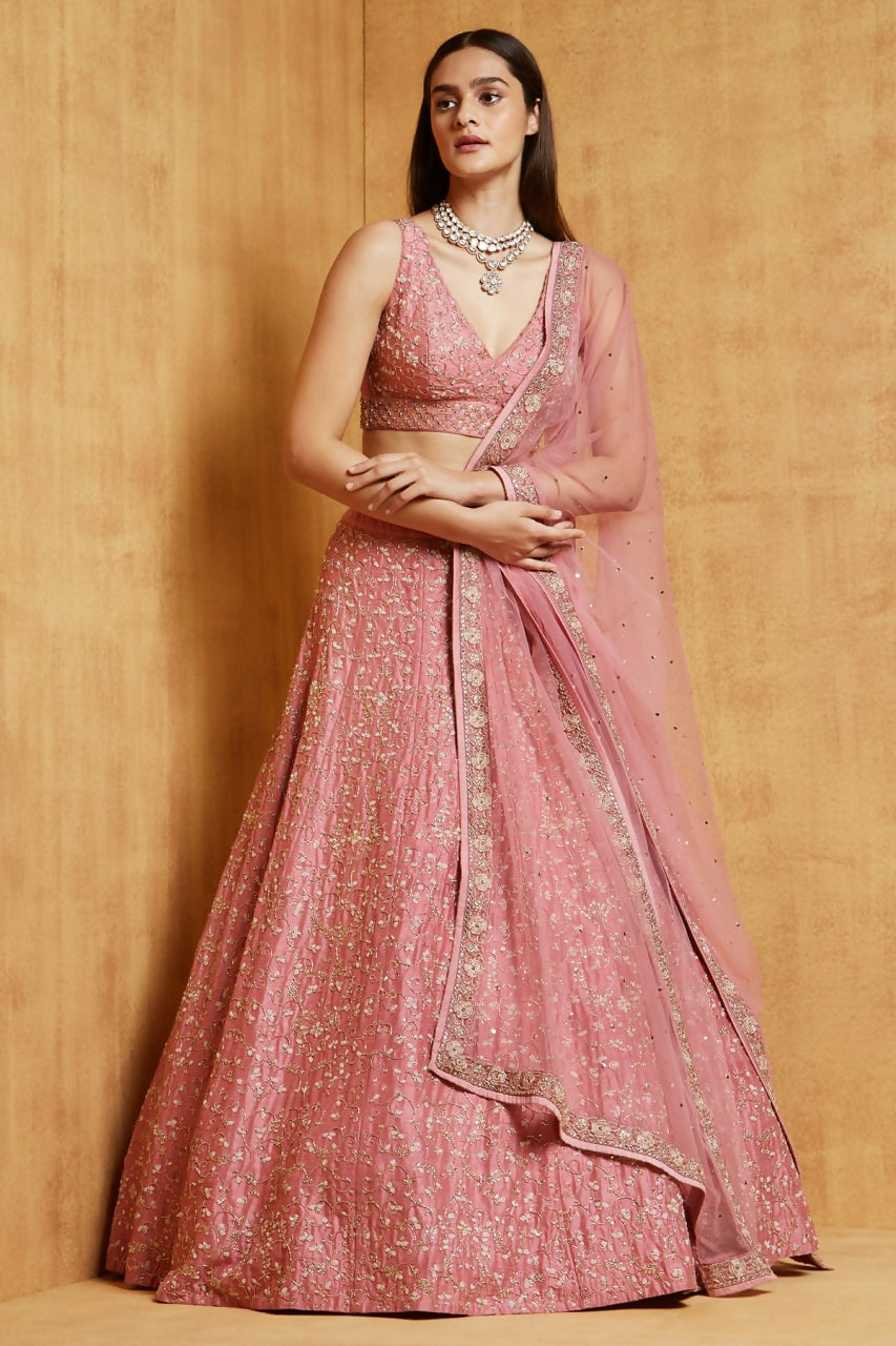 Jyoti Fashion Peach Cording Dori with Zari Thread Sequence Embroidery Malai Satin Silk Lehenga Choli with Dupatta | Grocsy