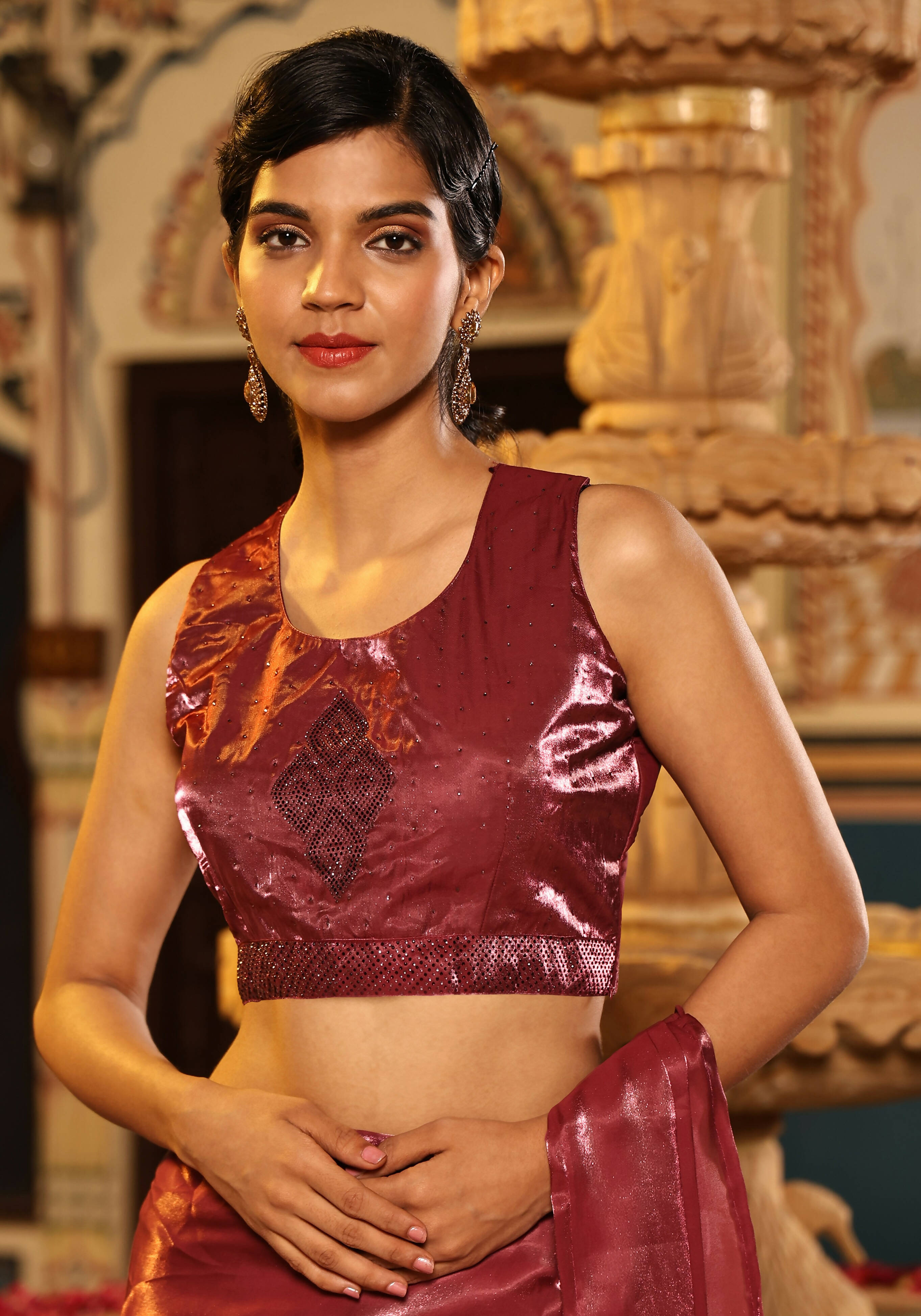 Maroon Tom Silk Plain Ready To Wear Saree With Stitched Blouse - Satiksha | Grocsy