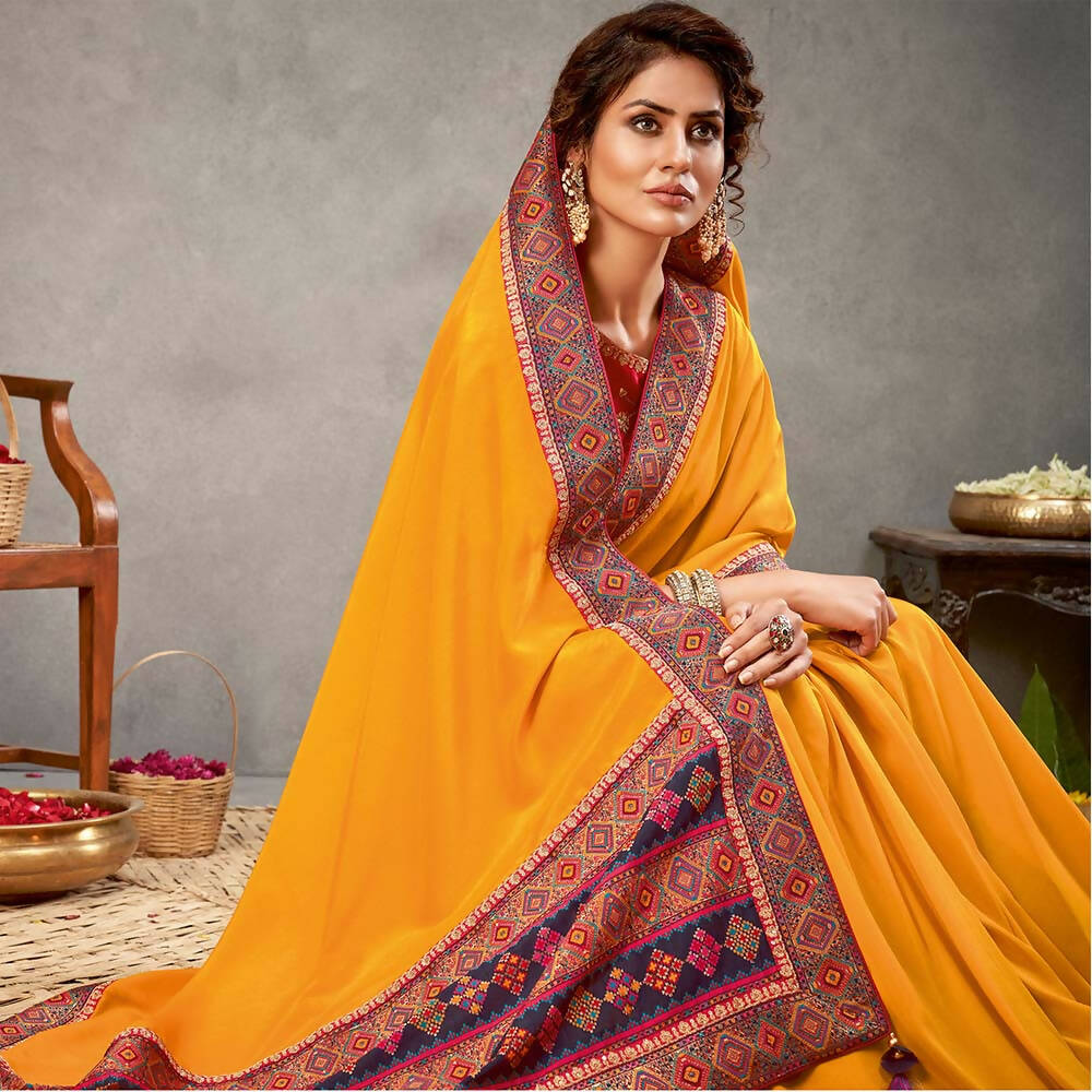 Yellow Satin Silk Zari, Cord And Sequins Embroidery Saree - Norita Arinya | Grocsy