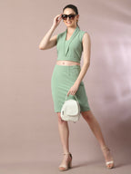 Myshka Women's Sea Green Solid Shawl Neck Party Top With Skirt Co-ord set | Grocsy