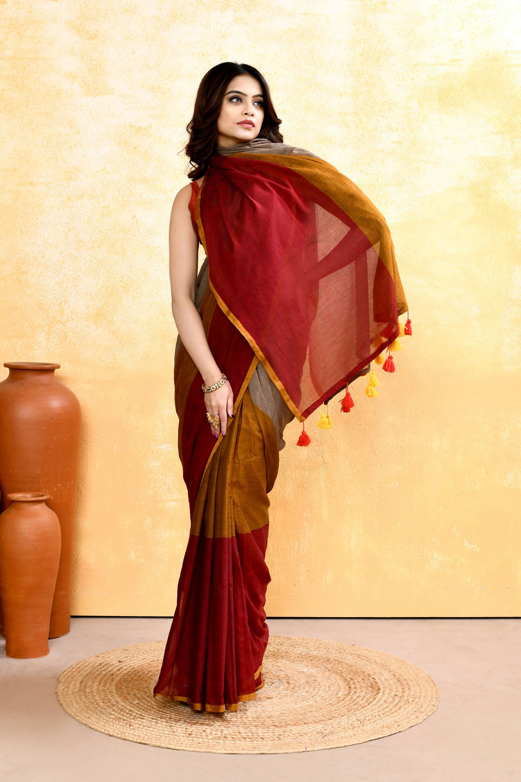 Piyari Fashion Women's Multi Embellished Handloom Cotton Saree | Grocsy