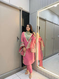 Anaita Rani-Pink Roman Shimmer Readymade Kurti Set with Designer Handwork | Grocsy