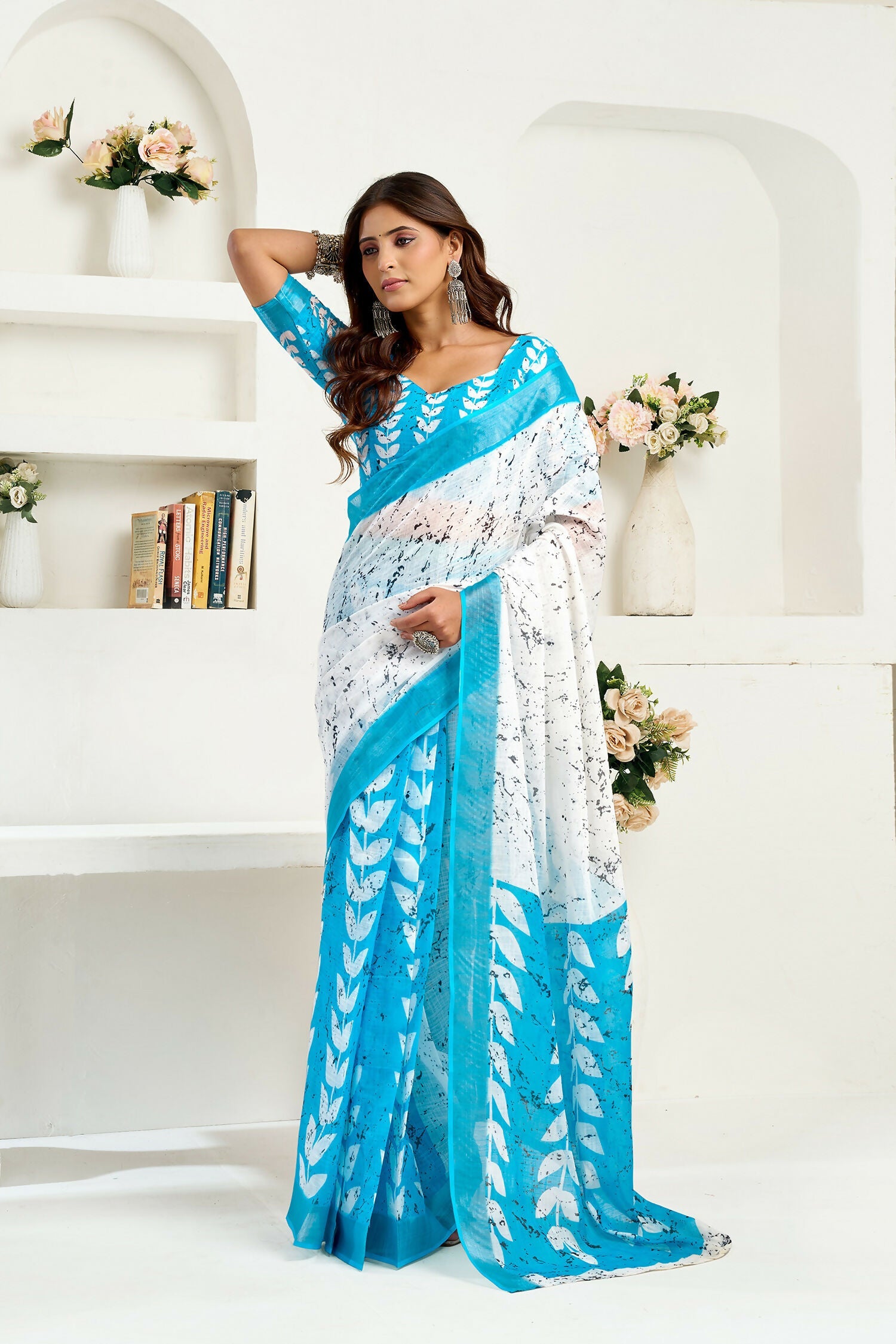 Joban Fashion White Leaf Linen Ready To Wear Saree With Unstitched Blouse | Grocsy