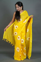 Exclusive Collection Yellow Pure Cotton Saree With Sunflower Design | Grocsy