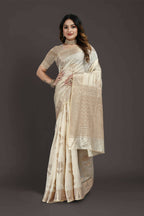 Off White Pure Raw Silk Zari Woven Saree with Unstitched Blouse Piece - Alisha | Grocsy