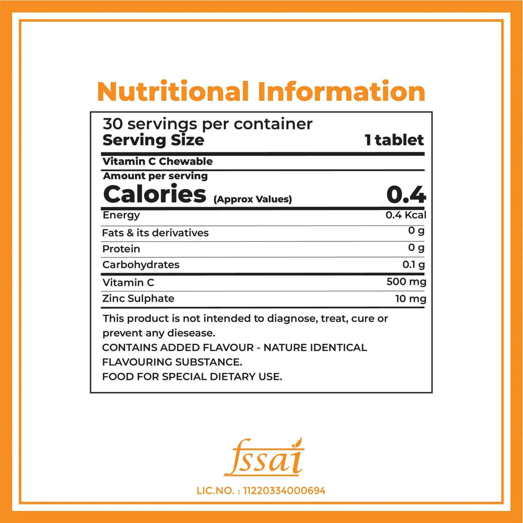 Boldfit Vitamin C 500mg Chewable Tablets (Tangy Orange Flavor) | Grocsy