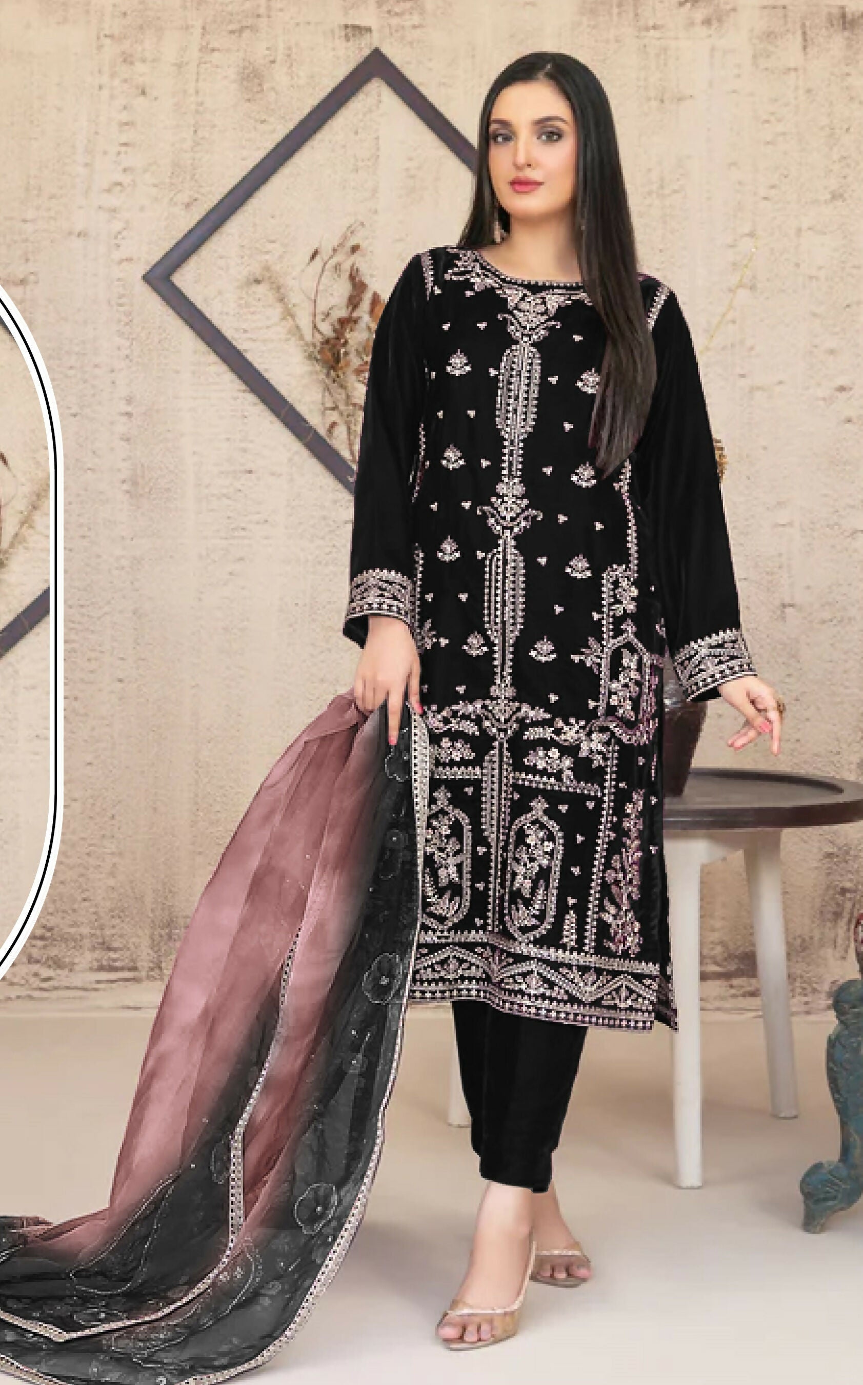 Anaita Black Velvet Suit with Embroidery Sequence Work | Grocsy