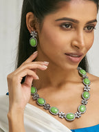 Nuyug Antique Silver Plated Crystal Studded Faux Jade Stones Embellished Necklace Set | Grocsy