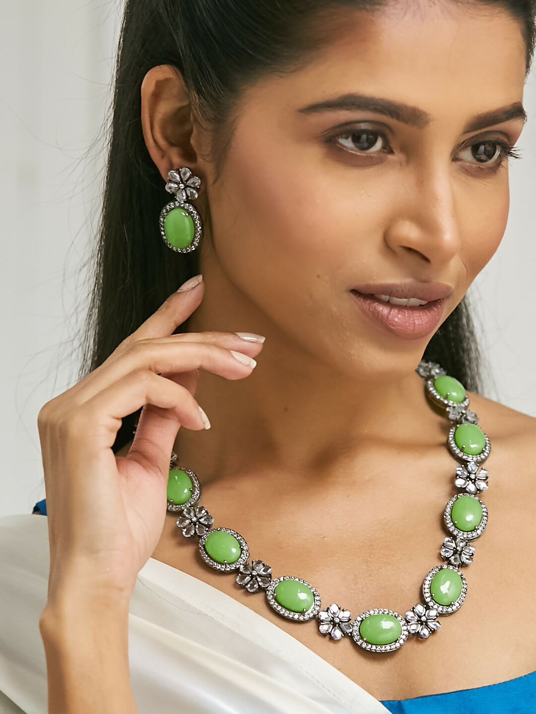 Nuyug Antique Silver Plated Crystal Studded Faux Jade Stones Embellished Necklace Set | Grocsy